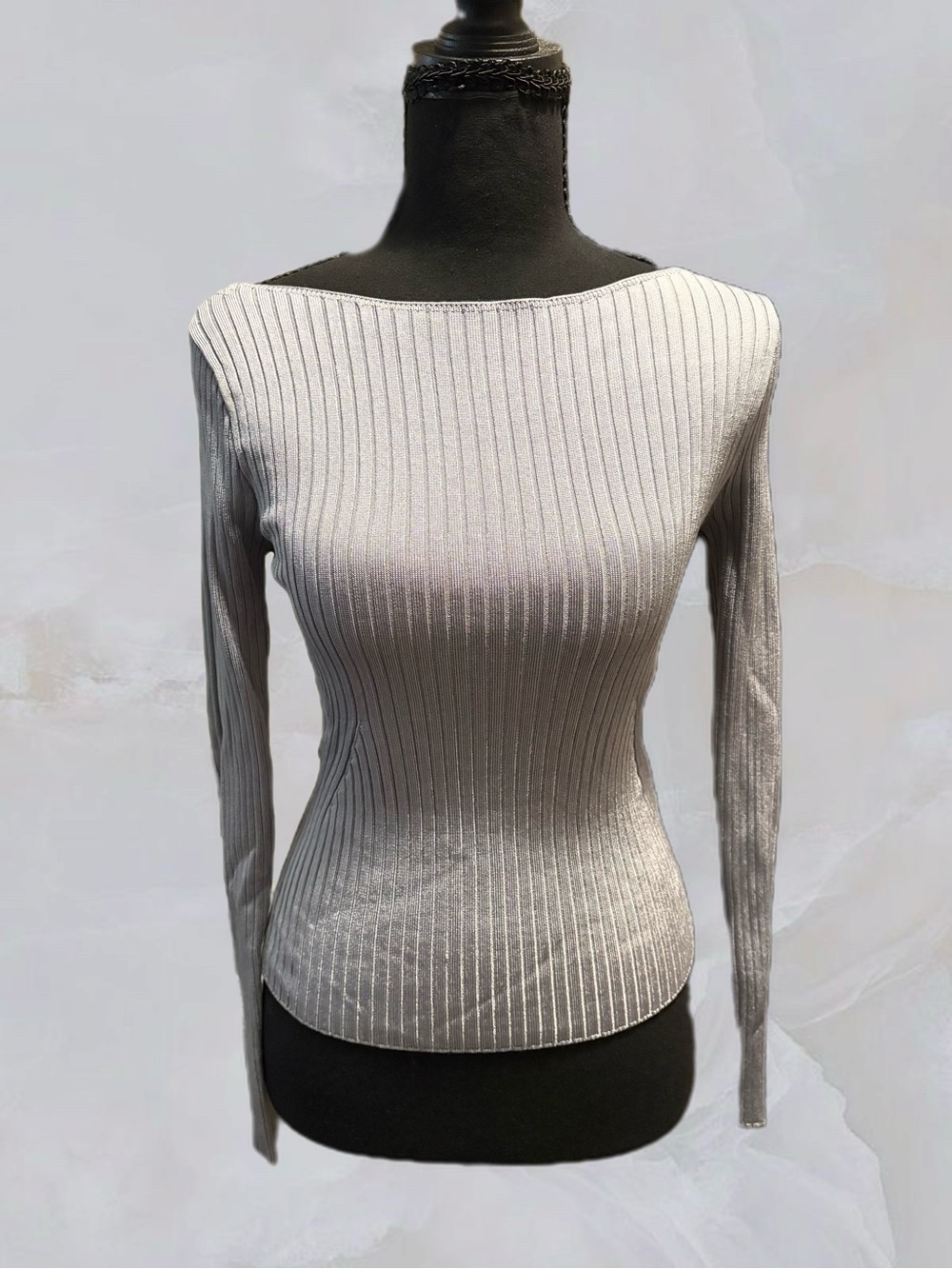 Abercrombie & Fitch Ribbed Boatneck Long-Sleeve Top in Light Gray